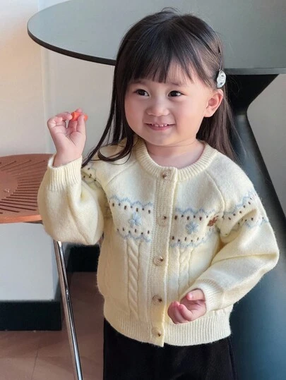 DAZY Baby Flicka Rund Hals Enfärgad Tecknad Serietidning Chic Långärmad Kofta Höst Vinter