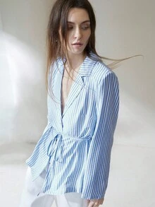 GENKIRA Linen-Like Bamboo Striped Collared Long Sleeve Shirt, Elegant European Style, Vacation Vibe - Multicolor - View 5