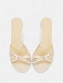 CUCCOO CURVES Women's Champagne Satin Chunky 3.5" Heel Comfortable Mule High Heels, Plus Size - Champagne - View 5