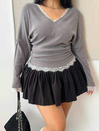 Vibekara Büyük Beden Kadın Yarasa Kollu Tişört Üstü, Patchwork Dantel ve Ribanalı Rahat Şık Kazak