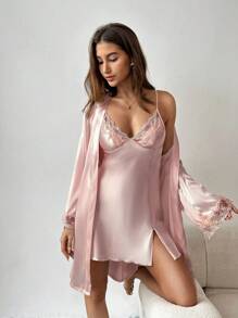 Aloruh Conjunto de pijama feminino elegante, composto por robe de manga comprida com cinto e detalhes em renda contrastante em cores sólidas, ideal para férias e inverno. - Rosa Empoeirado - Ver 3