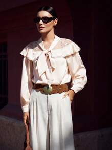 Ontre Women's Contrast Lace Ruffle Tie Collar Long Sleeve Elegant Blouse And Intellectual Female Wedding Guest And Beautiful French Slouchy High-End Sense Of Intelligence And Elegance Old Money Style Cruise Vacation Wear All-Season Modern Vacation Nomadic Casual Fashion All-Match Women's Country Concert Western Style Women's High-End, Elegant, Old-Fashioned Cruise - Apricot - View 7