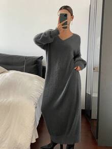 Livesso 女式纯色简约V领长袖毛衣裙秋冬 - 灰色 - 查看 5