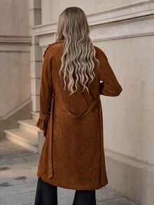 Solivie 女式秋季翻领长袖绒面革优雅风衣 - 卡其色 - 查看 2