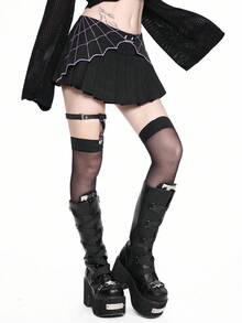 ROMWE Goth 哥特式万圣节俏皮蝙蝠与蜘蛛网刺绣撞色A字褶裙女款 - 黑色 - 查看 5