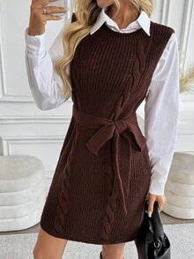 SHEIN LUNE New Minimalist Style Cable Knit Round Neck Vest, Versatile Solid Color Elegant Knit Top/Dress For Women, European And American Fashion - Coffee Brown - View 6
