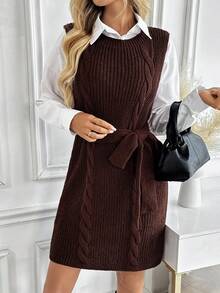 SHEIN LUNE New Minimalist Style Cable Knit Round Neck Vest, Versatile Solid Color Elegant Knit Top/Dress For Women, European And American Fashion - Coffee Brown - View 7