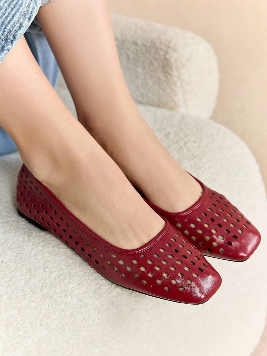 Rosivie 2025 Spring/Autumn New Arrival High-End Commuting Hollow-Out Casual Comfortable Versatile Women Flat Shoes - Burgundy - View 1
