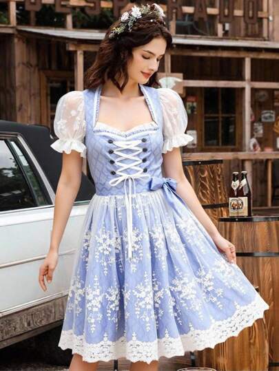 Fairmaia Vestido de Oktoberfest de Múnich con estampado de jacquard y encaje