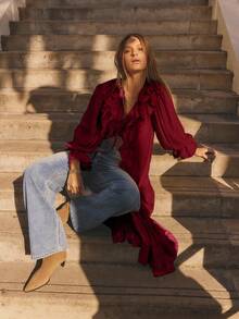 Aralina Winter Long Sleeved Ruffled Front Full Length Maxi Boho Cardigan Dress - Burgundy - View 5