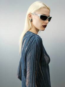 Airlisse 女士纯色不对称领长袖镂空性感毛衣，春秋季长袖上衣，针织套头衫，秋冬季 - 灰色 - 查看 5