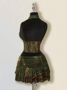 SHEIN ICON 女士扎染两件套，嬉皮风格扎染低胸超迷你裙，两件超低腰套装 - 軍綠色 - 查看 2