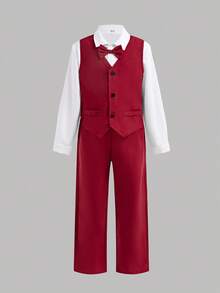 SHEIN 3pcs Tween Boy Casual Gentleman Outfit - Vest, Shirt, Shorts With Bowknot, Suitable For Commuting, School, Daily Casual Wear, Spring/Summer, Also Suitable For Wedding, Birthday Party, Christmas Christmas Christmas Christmas Red Christmas Autumn Winter Clothes For Girls - Red - View 4