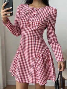 SHEIN EZwear 格纹系带腰部中长连衣裙 - 紅色 - 查看 5