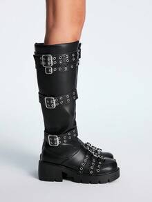Sugerpunk Women's Dark Punk Rock Boots With Belt Buckle, Y2K Gothic Boots With Side Zipper, Knight Leather Thigh High Boots - Black - View 3