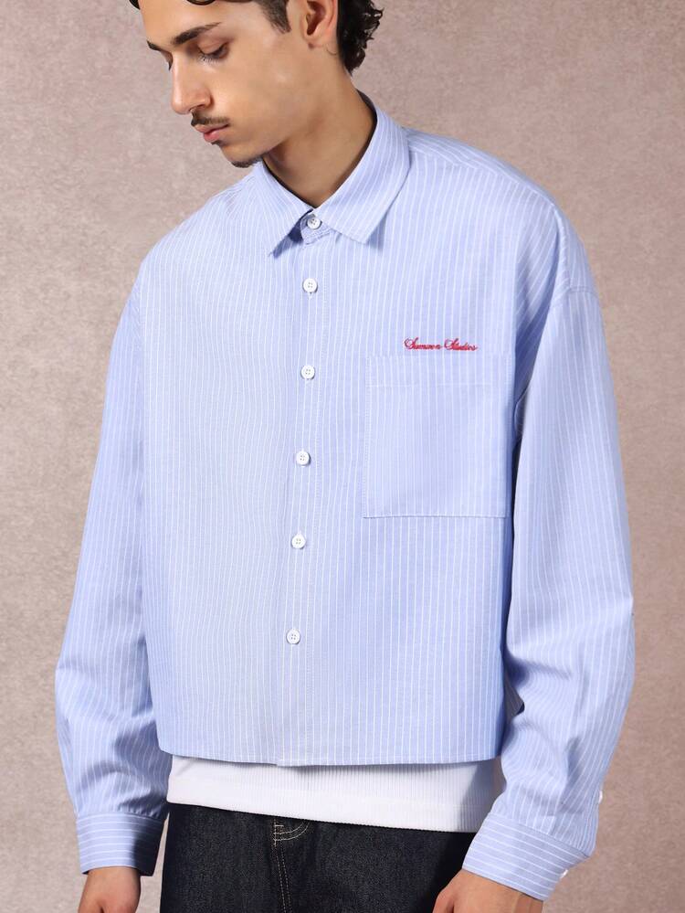 Cropped Pinstripe Button Down Shirt With Chest Embroidery