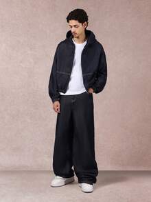SUMWON Áo khoác denim lửng có mũ trùm đầu màu tối, quần jean oversized có khóa kéo, áo khoác ngoài, thời trang dạo phố, viền thun, mùa đông, mùa thu, thường ngày - Màu xanh lam - Xem 3