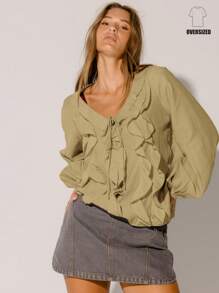 Aralina Ruffled V-Neck Long Sleeve Boho Lightweight Summer And Winter Cute Tie Front Blouse - Khaki - View 1