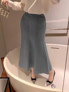 DAZY 女士优雅纯色美人鱼下摆毛衣半身裙，秋冬女装半身裙 - 灰色 - 查看 9