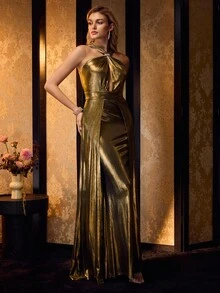 MOTF Soiréza 水钻交叉领口及地晚礼服 - 金色 - 查看 5