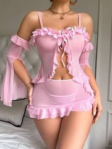 SHEIN 5 件套女士性感内衣套装（无钢圈文胸、丁字裤、迷你裙、2 副手套） - 粉色 - 查看 5