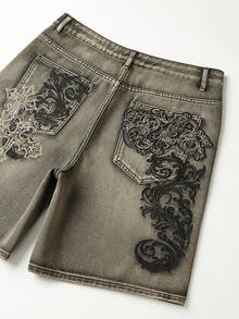 ROMWE MEN Goth 男士休闲街头风格刺绣口袋牛仔裤 - 銅色 - 查看 6