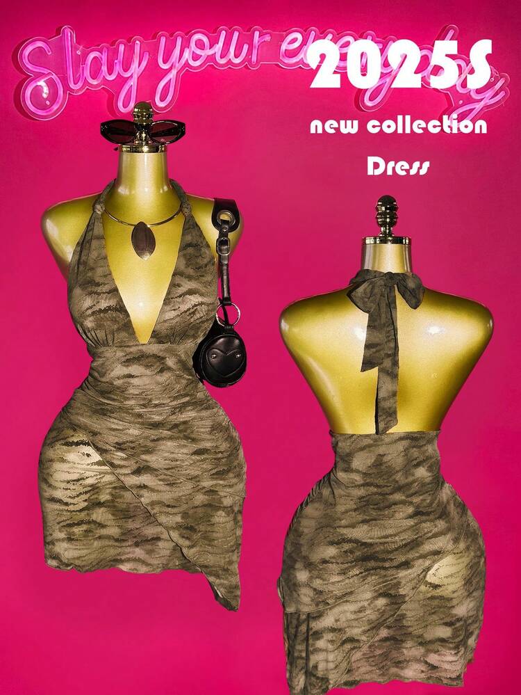 Slaydiva Women Summer Olive Techno Club Night Rave Bodycon Dress,Deep V-Neck Halter Tie Front Knotted Ruched Asymmetrical Layered Hem Brown Flocked Mesh Fabric - Brown - View 11