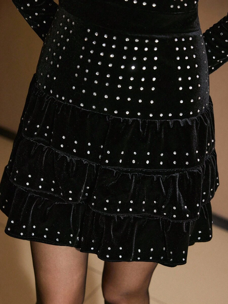 MOTF PREMIUM VELVET RUFFLE HEM MINI DRESS - Black - View 2
