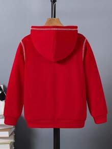 SHEIN 男童撞色条纹大口袋休闲卫衣，秋冬季款 - 紅色 - 查看 2