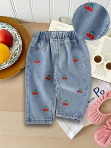 SHEIN Baby Mädchen süßes Kirschenmuster blaue Jeans in Loose Fit, modisch für Winter und Herbst Urlaub - Helle Waschung - Übersicht 1