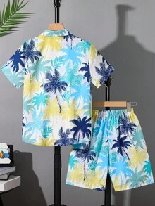SHEIN 2 件套青少年男孩休闲学校/度假花卉印花衬衫和短裤套装，适合通勤、学校、日常休闲装、运动、春夏季 - 彩色 - 查看 3