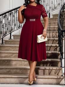 Fleurora Váy midi ren trơn màu thanh lịch dự tiệc cỡ lớn cho nữ Váy lễ Phục sinh Váy tốt nghiệp cho nữ Váy dự tiệc cưới - Màu Đỏ Sâu - Xem 9