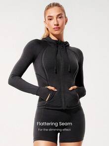 舒适廓形柔软弹力耐用拉链侧袋修身拉链夹克连帽衫瑜伽普拉提工作室日常休闲装 - 黑色 - 查看 4