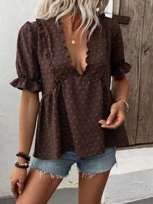 LanaWest Women Cutout V-Neck Puff Sleeve Blouse - Coffee Brown - View 6
