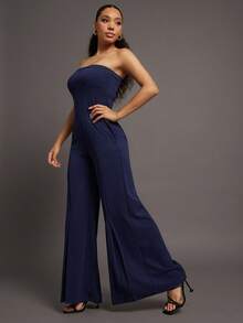 Vixey Women's Strapless Cinched Waist Pocket Open Back Wide Leg Jumpsuit, Suitable For Weddings, Business Casual Woman, Office Outfit - Blue - View 1