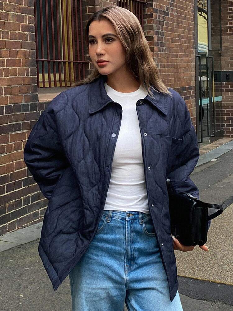 Women's Solid Color Loose Long Sleeve Pocket Turndown Collar Quilted Casual Thick Autumn/Winter Padded Coat Jacket