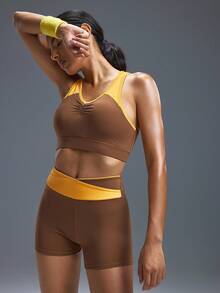 Powerista Women's Brown Workout Set, Brown Sports Bra & Short For Running & HIIT - Brown - View 4