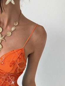 Aloruh Đầm hai dây cổ khoét sâu phối lưới lấp lánh gợi cảm mới, kèm quần short, váy ngắn chống nhấp nháy - trái cam - Xem 7