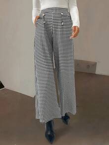 EMERY ROSE 女式休闲千鸟格纹纽扣装饰斜口袋阔腿裤，秋季 - 黑色 - 查看 3