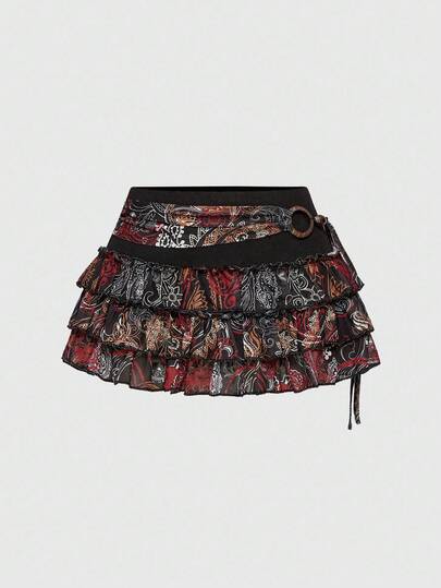 Hippie Jupe plissée à volants avec décoration de perles en bois et imprimé cachemire de style hippie rétro pour vacances pour femmes