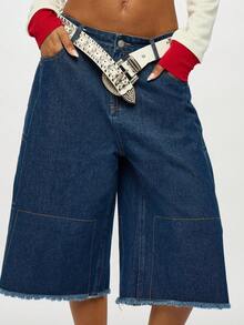 SUMWON WOMEN Wide Leg Baggy Denim Jorts With Raw Edge Hem Detail Casual Cutoff Bermuda Culottes Street Style Y2K Fashion Loose Fit Knee Length Relaxed Bottoms - Blue - View 6