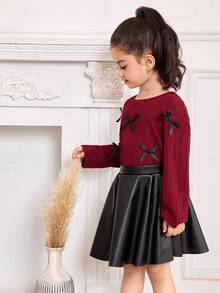 年轻女孩休闲优雅 T 恤套装，采用 3D 蝴蝶结针织纹理，宽松长袖 T 恤和 PU 喇叭中裙套装，女孩酒红色和黑色裙子套装 - 酒紅色 - 查看 4