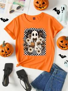 Trang phục hóa trang Halloween cho nữ mùa hè, ngày lễ, thời trang thường ngày, hoạt hình sáng tạo, dễ thương, họa tiết bàn cờ, bí ngô, hoa, ma, quỷ, áo thun tay ngắn cơ bản rộng rãi - Màu Khaki - Xem 4