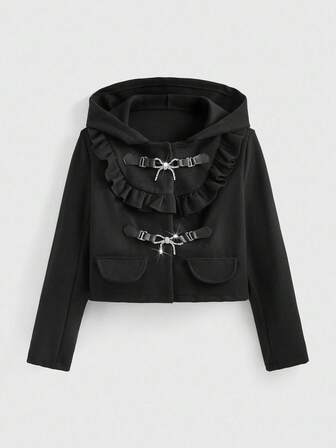 Kawaii Cute & Sweet Women's Autumn Long Sleeve Bowknot Button Design Hooded Jacket