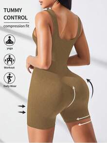 Easithlete Bộ đồ liền thân thể thao dệt kim gân màu trơn không đường may dành cho nữ - Màu Khaki - Xem 2