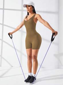 Easithlete Bộ đồ liền thân thể thao dệt kim gân màu trơn không đường may dành cho nữ - Màu Khaki - Xem 4