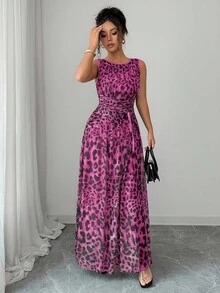 Rafferiza 女式优雅豹纹网眼圆领褶饰腰部抽绳 A 字形无袖长裙 - 玫紅色 - 查看 4