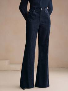 Anewsta 女士海军蓝灯芯绒喇叭裤，铆钉口袋设计，优雅商务休闲风，适合春秋季穿着 - 藏蓝色 - 查看 4