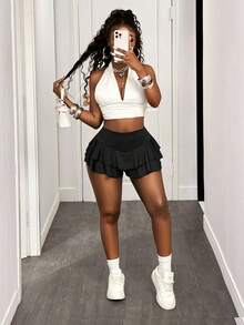 BamGleam Ladies Solid Color Ruffle Hem Decorated Shorts - Black - View 8