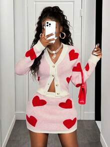 BamGleam Bộ áo len nữ ngày lễ tình nhân Love Kiss hình trái tim màu đỏ Cupid Bộ áo len cài nút tương phản Cardigan Nửa chân váy Đơn giản gợi cảm bó sát thường ngày - Đỏ và trắng - Xem 6